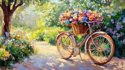 Fototapeta premium A cheerful bicycle with a rustic basket brimming with colorful flowers, leaning against a tree in a sunny park