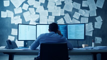 A frustrated developer overwhelmed by coding issues in a sleek office. Featuring monitors displaying error logs