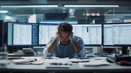 A frustrated developer overwhelmed by coding issues in a sleek office. Featuring multiple monitors displaying error logs