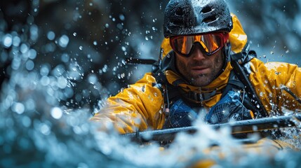 A dynamic action shot of rowers in their boat. Kayaking sport concept.