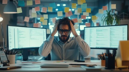 A frustrated developer overwhelmed by persistent bugs in a sleek office. Featuring error logs on the monitors