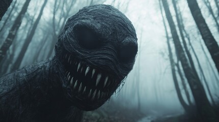 Terrifying grey alien encounter in foggy forest 