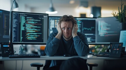 A frustrated developer overwhelmed by persistent bugs in a sleek office. Featuring multiple monitors displaying error logs