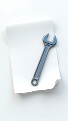 A simple 3D render of a document with a wrench, symbolizing customer support ticketing and issue resolution, placed on a plain white background.