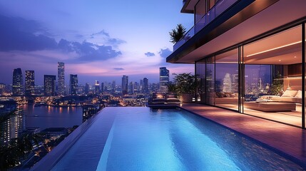Obraz premium A luxury infinity pool overlooking a bustling urban skyline at night 