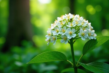 White Sambucus nigra umbrella flowers blooming in a wooded area under the canopy of leaves, botanical, sambucus nigra