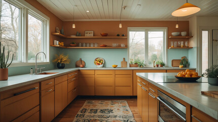Retro modern kitchen design with wooden cabinets sink and cooking tools arranged to maintain a functional kitchen layout Modern Interior design inspiration