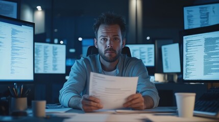 A frustrated developer overwhelmed by persistent coding errors in a modern office. Featuring monitors displaying error logs