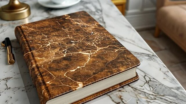 A beautifully textured marble notebook on a stylish marble table in a cozy, modern workspace