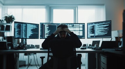 A frustrated developer overwhelmed by unresolved bugs in a sleek office. Featuring error logs displayed on monitors