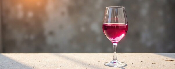 Wine glass half filled with Roze wine on a light concrete surface, sunlight, liquid, concrete