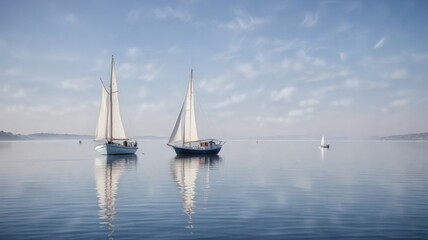 Fototapeta premium Serene Sailboats Glide Across a Calm, Misty Water on a Peaceful Morning
