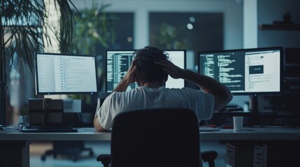 A frustrated developer overwhelmed by unresolved bugs in a sleek office. Featuring error logs displayed on monitors