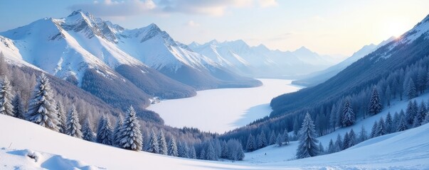 Snow-covered hills and valleys with a frozen lake in the distance, lake, winter, snow