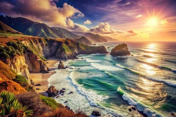 Naklejka premium Vintage California Coastline: Sun-Kissed Cliffs & Rolling Waves