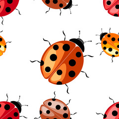 Fototapeta premium Colorful ladybug seamless pattern illustration featuring various shades and spots on a white background