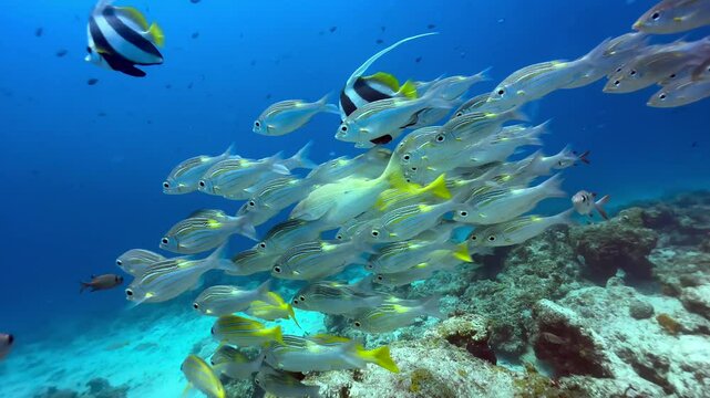 School of tropical fish including bluestripe snapper, pennant coralfish, striped large-eye bream near Mnemba Island, Zanzibar, Tanzania.