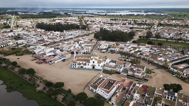 Iconic cityscape of El Rocio in Spain, aerial orbit view