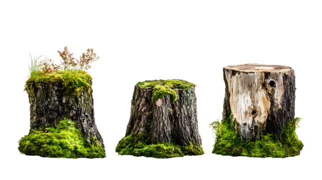 Three mossy tree stumps against a black background.
