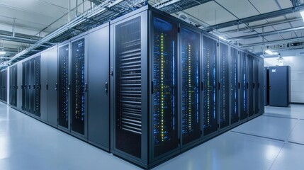 Naklejka premium A modern datacenter with organized server racks and advanced cooling systems, ensuring secure and efficient data processing. Ideal for cloud computing, IT infrastructure, and cybersecurity
