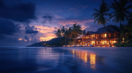 A luxury beach resort under glowing twilight skies, surrounded by palm trees 