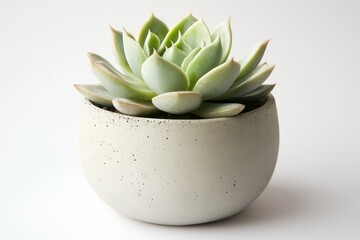 A close-up of a succulent in a concrete pot, the minimalistic design complementing the soft, clean look of the white background for a contemporary feel.