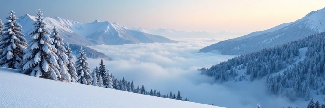 Winterscape with misty valley and snow-covered trees, serene landscape, cold climate