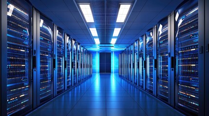 Fototapeta premium A futuristic datacenter with glowing blue server racks and sleek lighting, representing high-speed computing and cybersecurity. Ideal for cloud computing, IT infrastructure, and networking