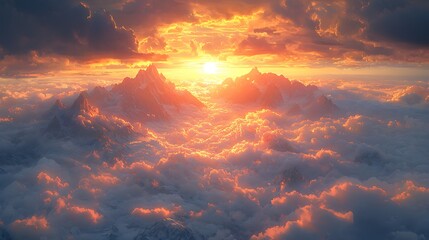 Fototapeta premium Sunrise over mountain peaks in clouds, aerial view, inspiring scene, possible use for nature wallpaper