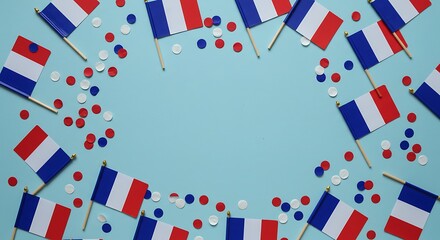 French flags and confetti on blue - celebration time - national holiday background