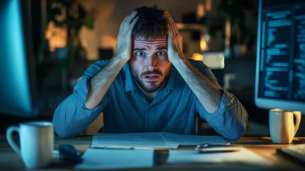 A frustrated developer resolving software bugs in a dimly lit tech office. Featuring critical error messages on bright screens