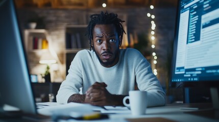 A frustrated developer resolving software bugs in a dimly lit tech office. Featuring critical error messages on bright screens