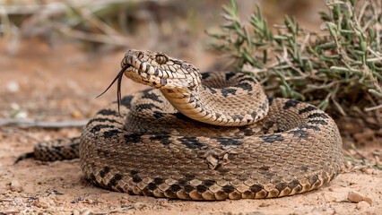 Obraz premium Coiled Rattlesnake with Forked Tongue Extended, Venomous Reptile in Desert Habitat, Wildlife Photography, Dangerous Predator, Camouflaged Serpent