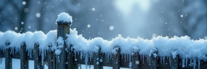Snowflakes falling on the icy surface of a fence, winter wonderland, snowfall