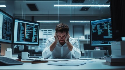 A frustrated developer sitting amidst coding errors in a minimalist office. Featuring monitors filled with error logs