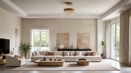 Serene Living Room Interior Design Featuring a Neutral Color Palette and Luxurious Furnishings