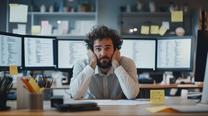 A frustrated developer solving coding problems in a clean office. Featuring error-filled monitors