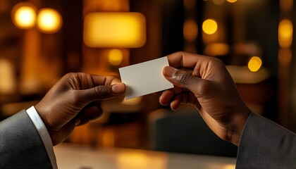 Exchanging business cards in a modern setting.