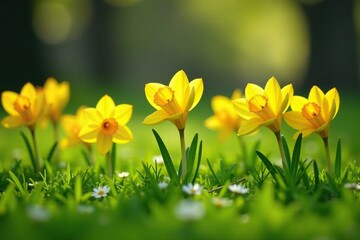 Obraz premium Yellow crocuses and daffodils in a lush meadow, spring, garden