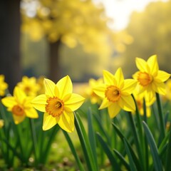 Fototapeta premium Yellow daffodils in a bright and cheerful landscape, happy atmosphere, colorful blooms, bright yellow