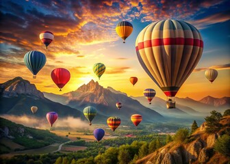 Obraz premium Vintage Hot Air Balloons Soaring Over Majestic Mountains - Colorful Aerial View