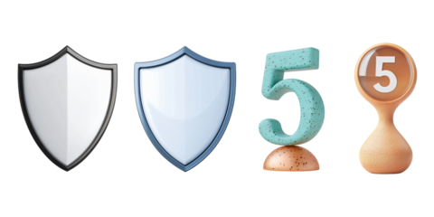 Protection and Anniversary Concepts: An artistic series features a pair of shields alongside a sculptural number "5" and a celebratory trophy, encapsulating themes of security and milestones.