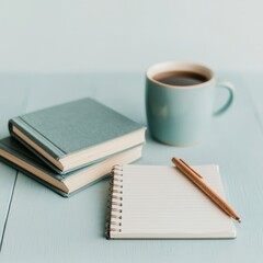 Cozy workspace with stacked books, a coffee cup, and a blank notepad for planning