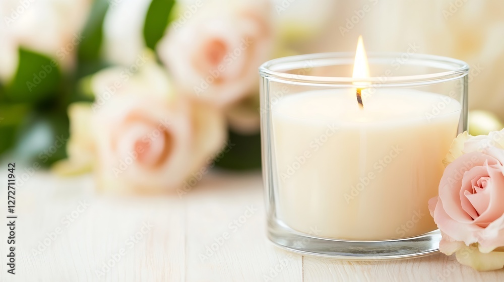 Poster a beautiful candle surrounded by soft roses in a tranquil setting : generative ai