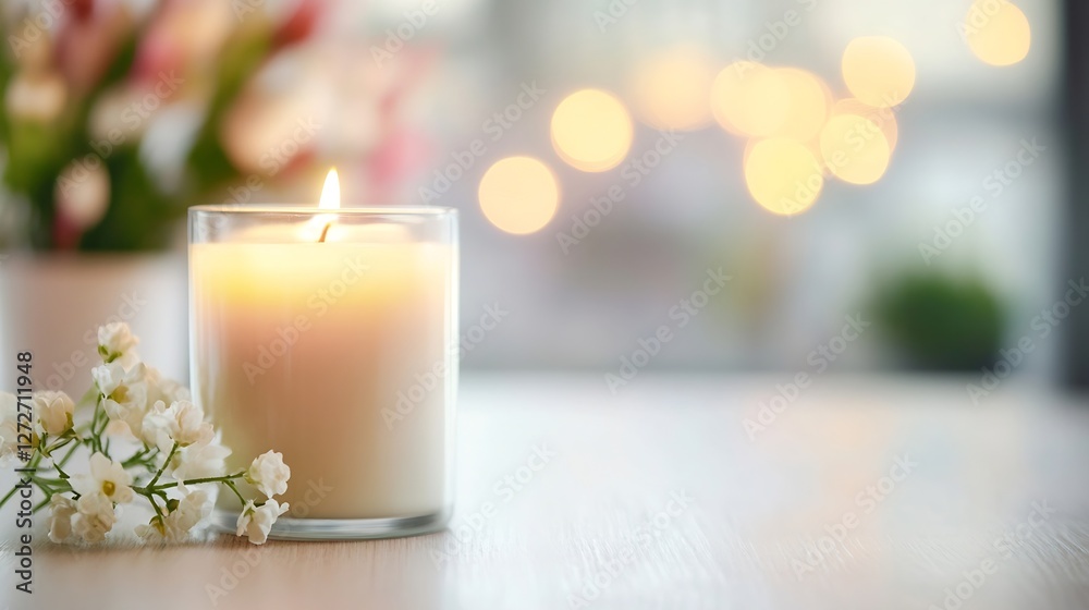 Poster warm and cozy candle lit with delicate white flowers in a relaxing indoor setting with blurry backgr