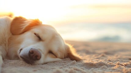Golden Retriever Dog Relaxing on Sandy Beach During Sunset : Generative AI