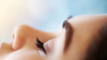 Soft focus on a young woman's face showcasing closed eyes and long eyelashes against a blurred background : Generative AI