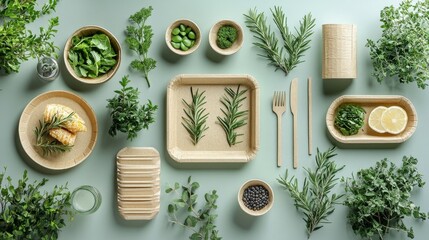 Eco-Friendly Sustainable Table Setting with Fresh Herbs and Biodegradable Plates