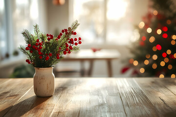 Fototapeta premium Wooden table with red berries and greenery in a vase, set against a decorated kitchen for Christmas, with soft lighting and window light creating a festive, cozy scene.