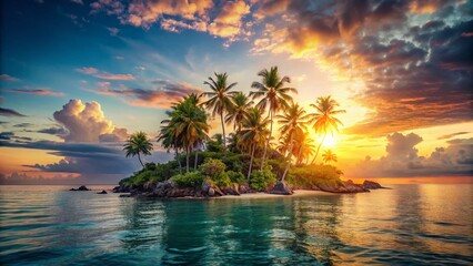 Vintage Island Paradise: Secluded Tropical Island in Azure Sea at Sunset